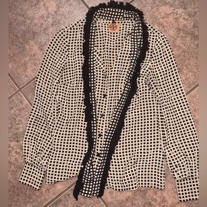 Tory Burch silk bow fringe scarf square tan black size 2 button down blouse
